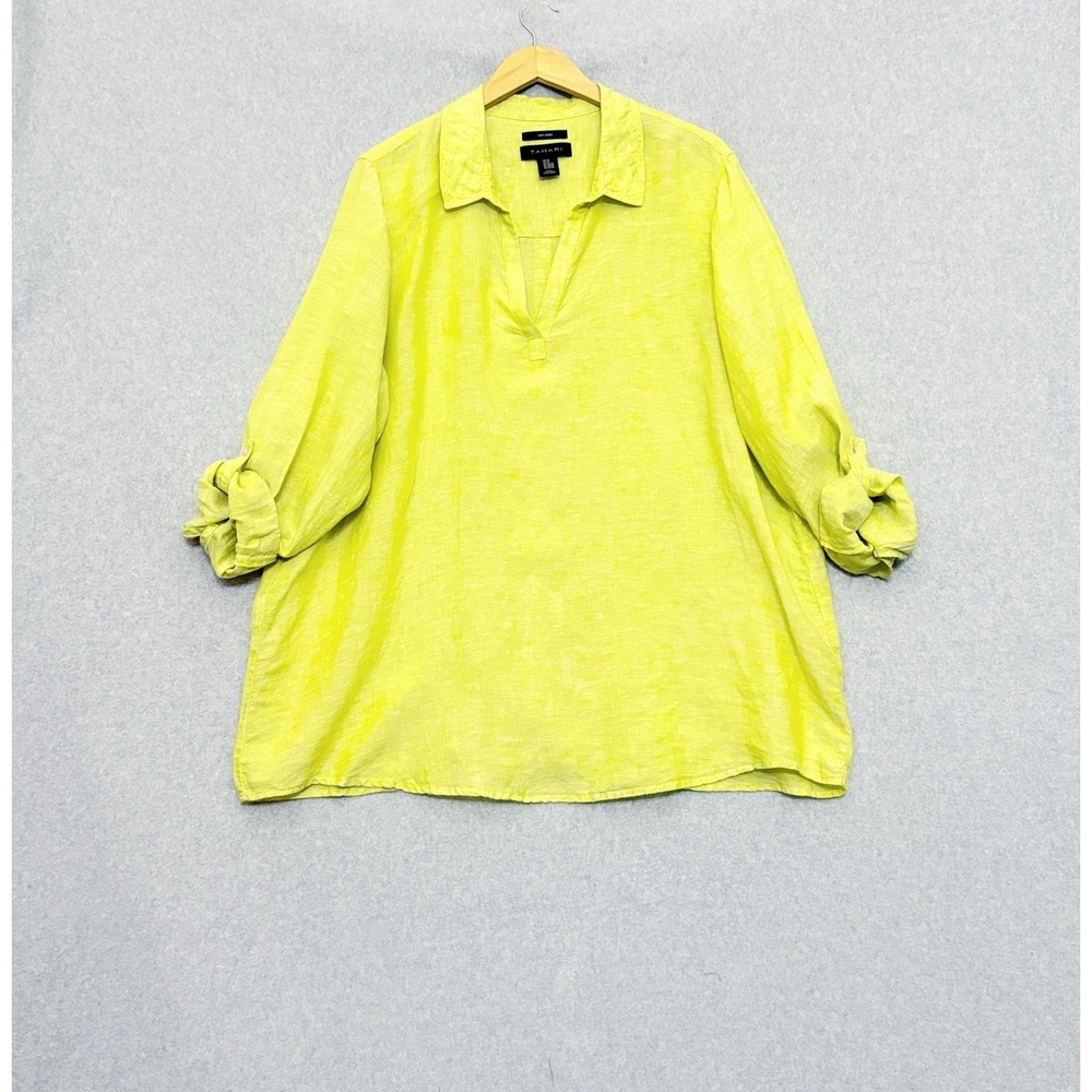 Tahari Womens Tunic‎ Top 2X Linen Roll Tab Back Button Yellow Lagenlook Beachy